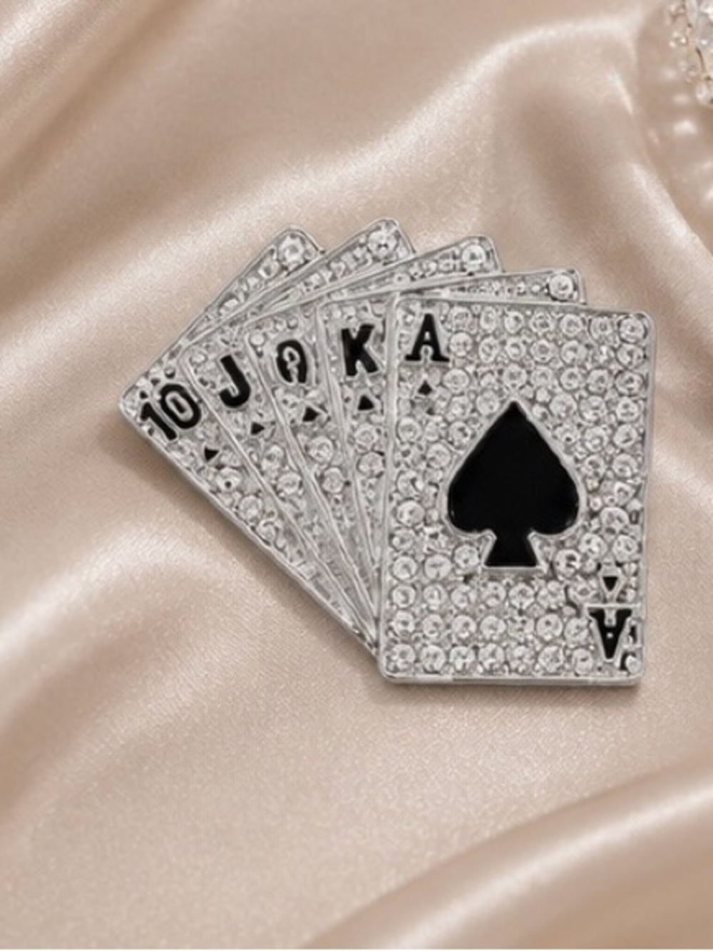 Royal Flush Poker Card Rhinestone Brooch Pin Silver Tone